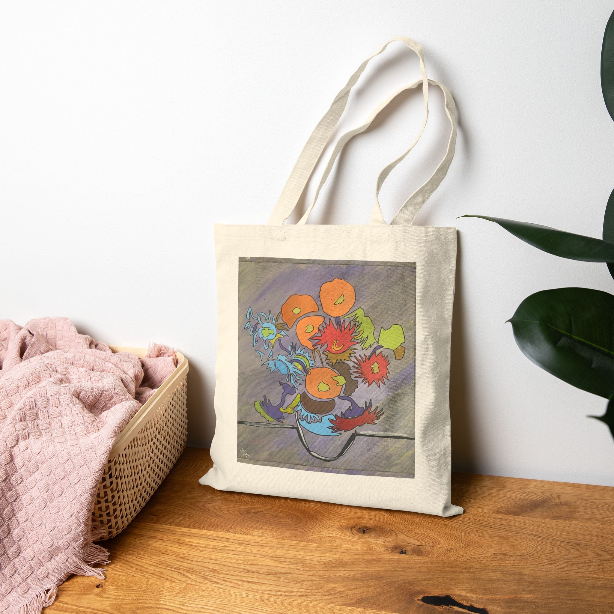 Stencil Floral Vase Cotton Canvas Tote Bag - FMLxArt Store